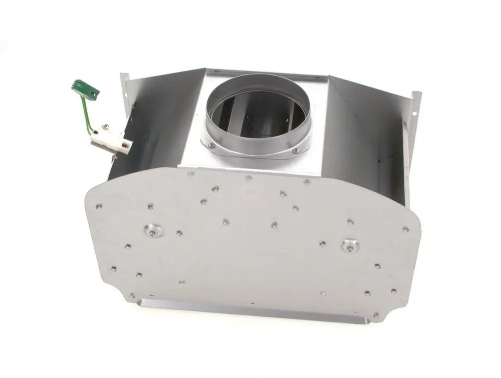 BOSCH Strömungssicherung aus Metall mit einem runden Auslass und einer elektrischen Anschlussbuchse auf der Vorderseite.